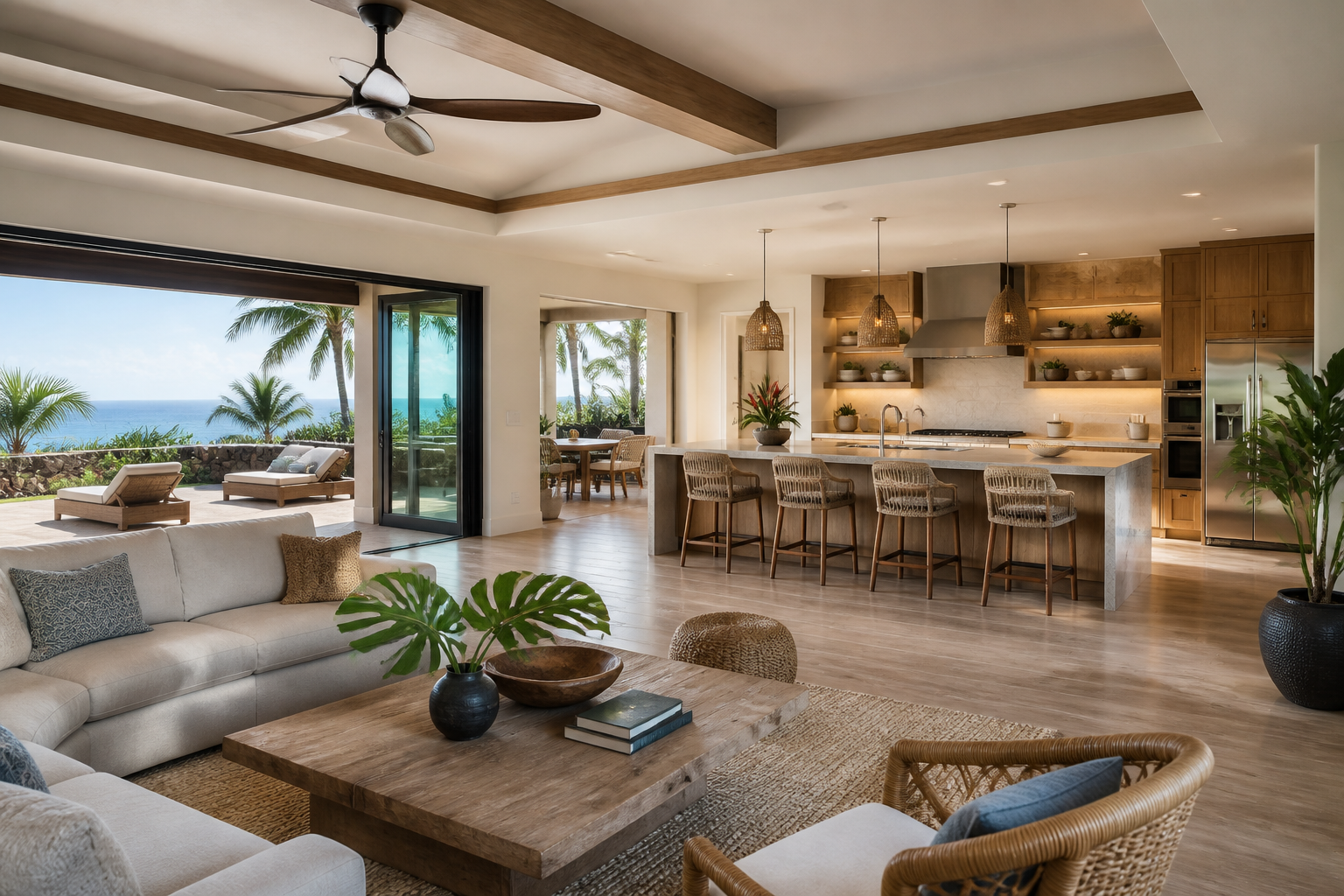 Open great room and kitchen facing the ocean