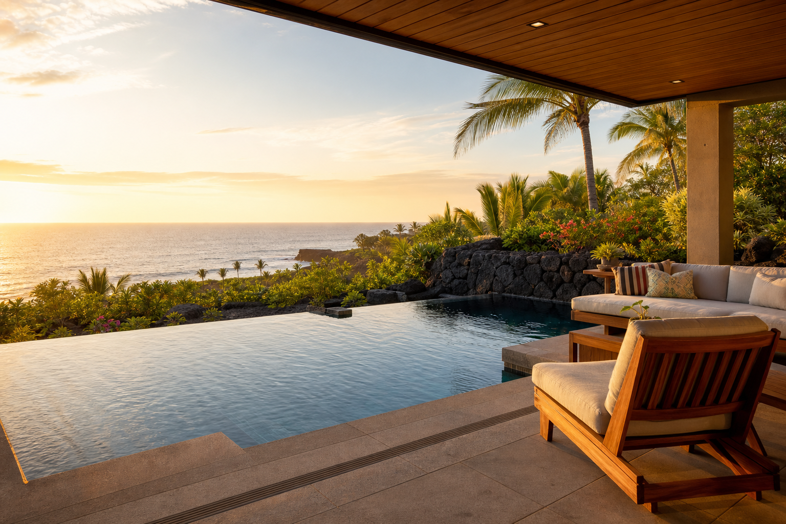 Ocean-view lanai and plunge pool at sunset